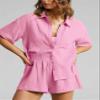 Flygo Womens Casual 2 Piece Outfits Cotton Linen Sets Button Down Oversized Shirt Shorts 2026 Pajama Lounge Beach Set(LightPink-S) view 2