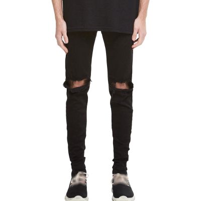 Men's Knee Hole Denim Pants Mid Waist Distressed Skinny Casual Pencil Jeans Vintage Slim Fit Ripped Jean Trousers (Black,32)