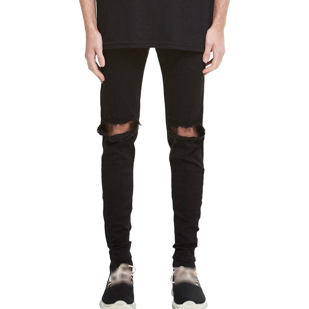 Men's Knee Hole Denim Pants Mid Waist Distressed Skinny Casual Pencil Jeans Vintage Slim Fit Ripped Jean Trousers (Black,32)