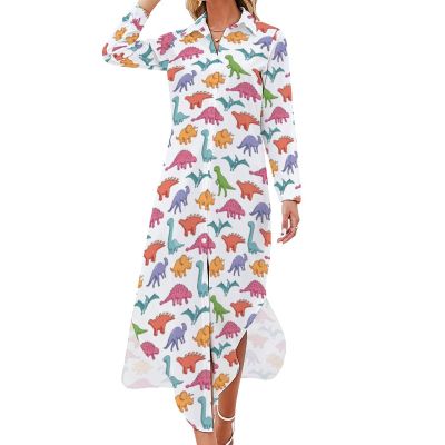 Cute Dinosaur Women Shirt Dress Button Up Maxi Dresses Long Sleeve Casual