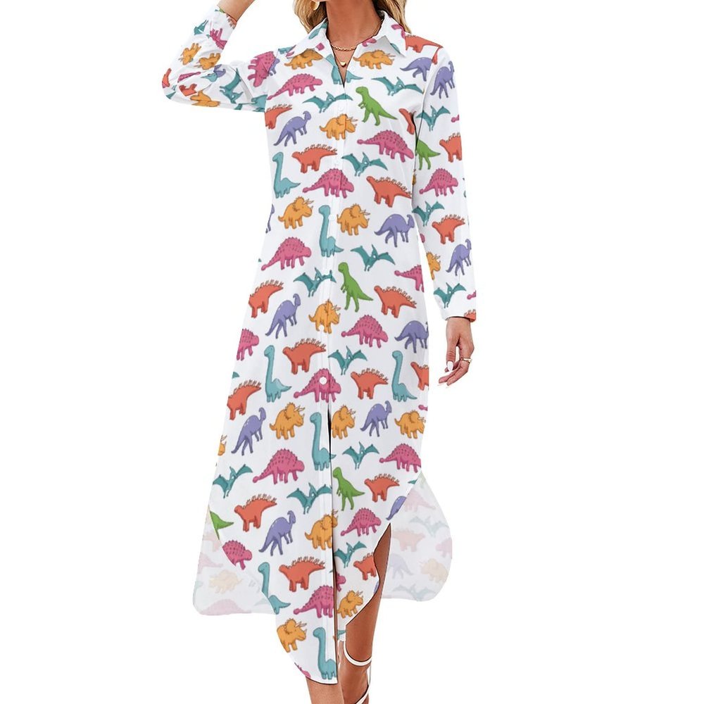Cute Dinosaur Women Shirt Dress Button Up Maxi Dresses Long Sleeve Casual