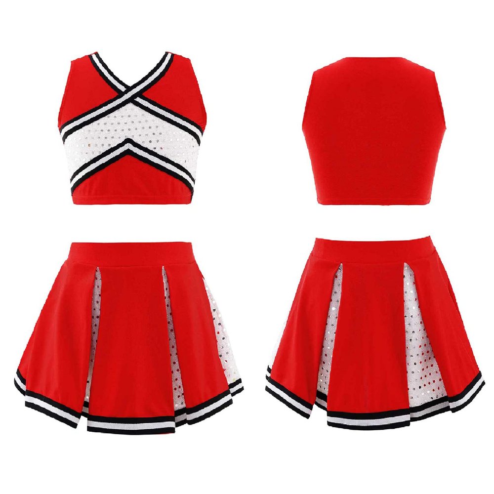 JEATHA Kids Girls Cheer Leader Costume Cheerleading Uniform Outfits Sleeveless Crop Top with Mini Skirt Set Red 14 Years
