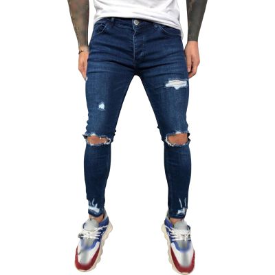 JEsilunmaMY Men's Ripped Hole Jean Pants Mid Waist Stretch Skinny Destroyed Denim Pants Washed Distressed Pencil Trousers (Blue,Medium)