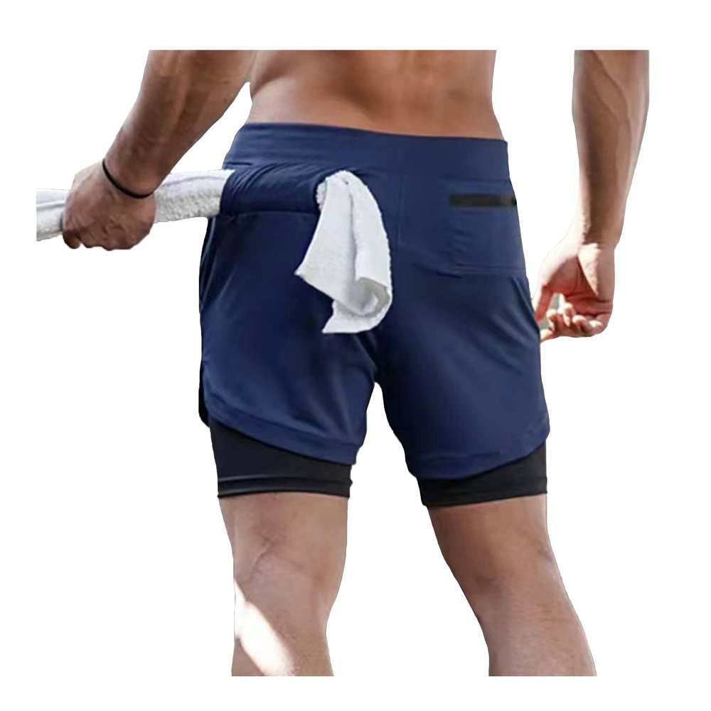 Bestgift Men's Jogging Shorts Sports Casual Outdoor Solid Color Double-Layer Breathable Fitness Pants Tibetan Blue M