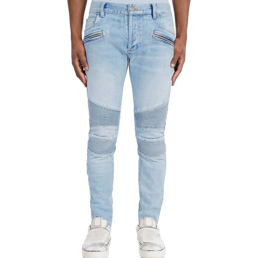JEsilunmaMY Men's Stretch Biker Jeans Casual Mid Waist Pleated Skinny Pencil Jean Trousers Washed Distressed Denim Pants (Light Blue,31)
