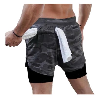 Dressnu Men's Double-Layer Breathable Jogging Shorts Sports Casual Outdoor Solid Color Fitness Pants Camouflage Black M