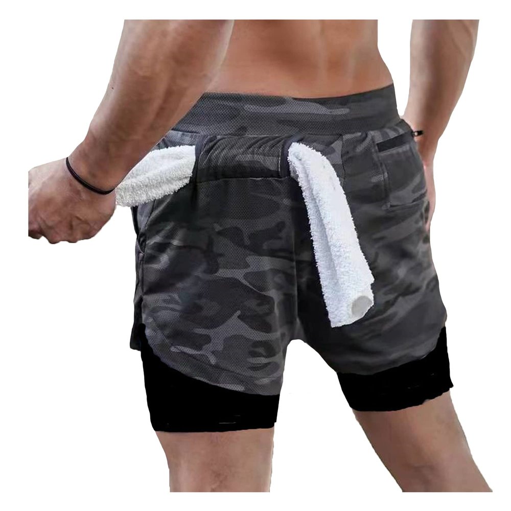 Dressnu Men's Double-Layer Breathable Jogging Shorts Sports Casual Outdoor Solid Color Fitness Pants Camouflage Black M