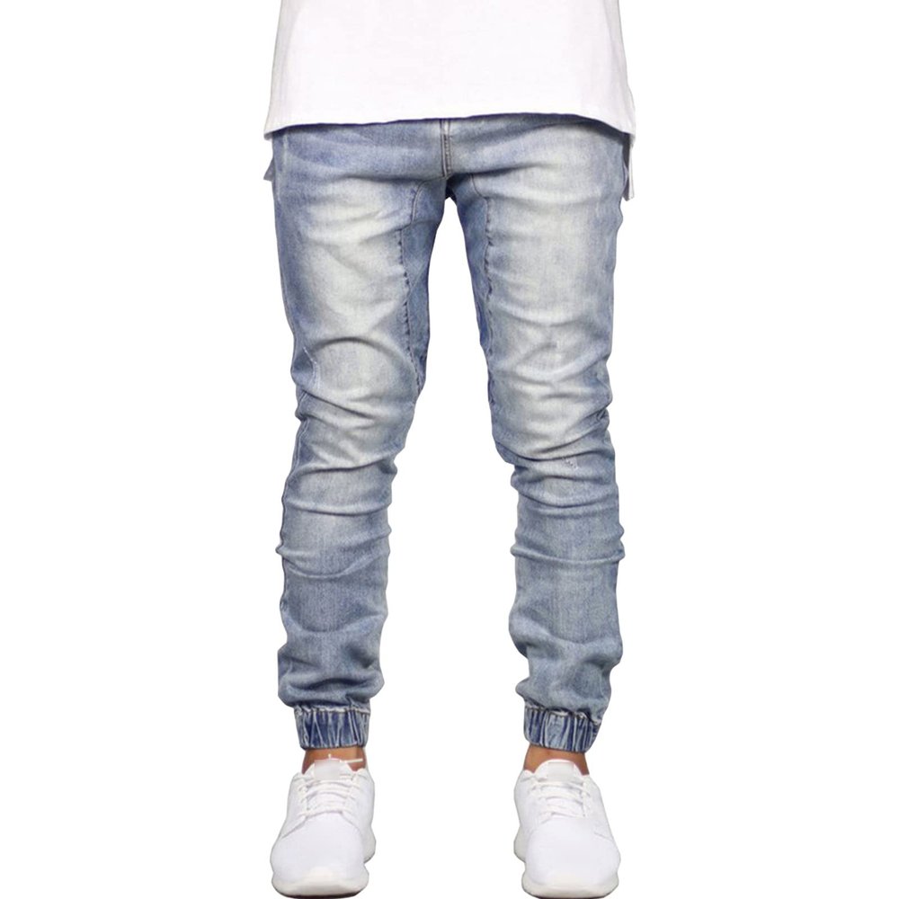 JEsilunmaMY Casual Pencil Jeans for Men Mid Waist Skinny Jogger Denim Pants Slim Fit Distressed Washed Straight Leg Trousers (Light Blue,38)