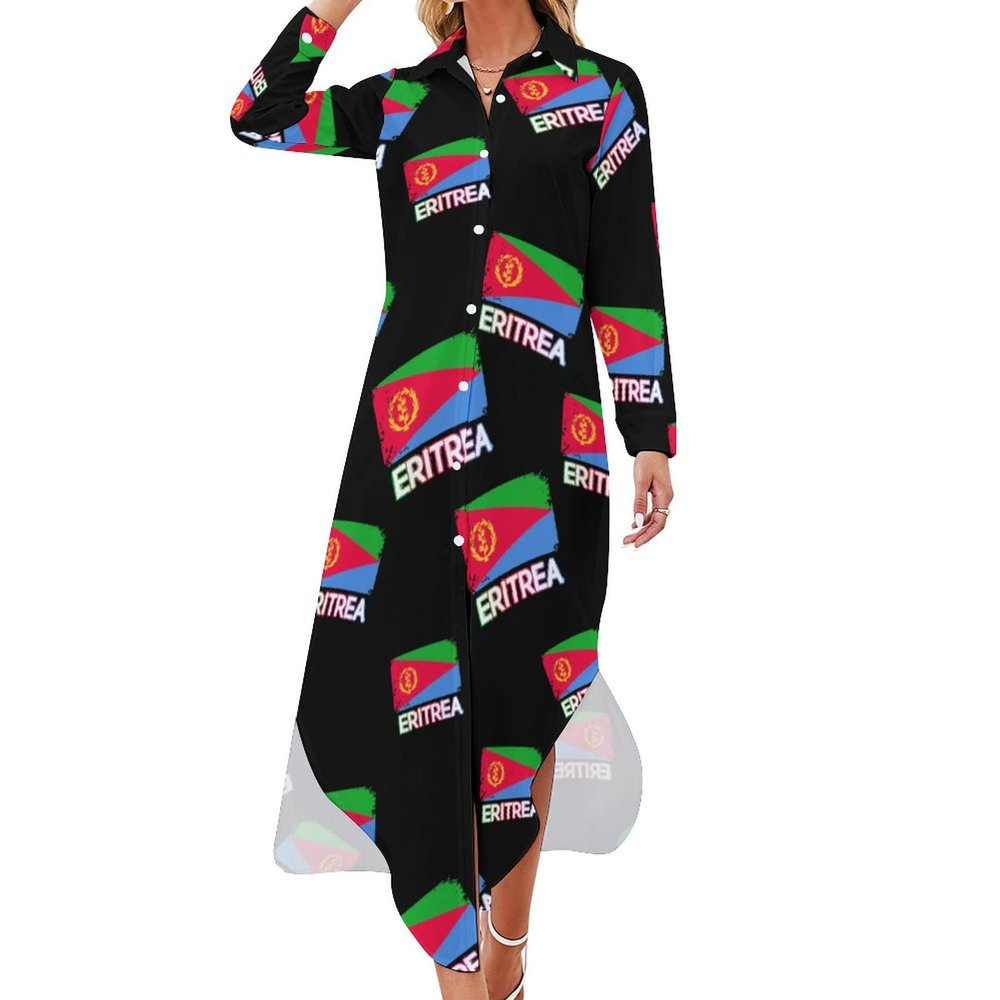 Eritrean Flag Women Shirt Dress Button Up Maxi Dresses Long Sleeve Casual