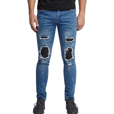 JEsilunmaMY Mens Stretch Ripped Jean Pants Mid Waist Patchwork Pleated Skinny Biker Jeans Distressed Destroyed Denim Trousers (Dark Blue,32)