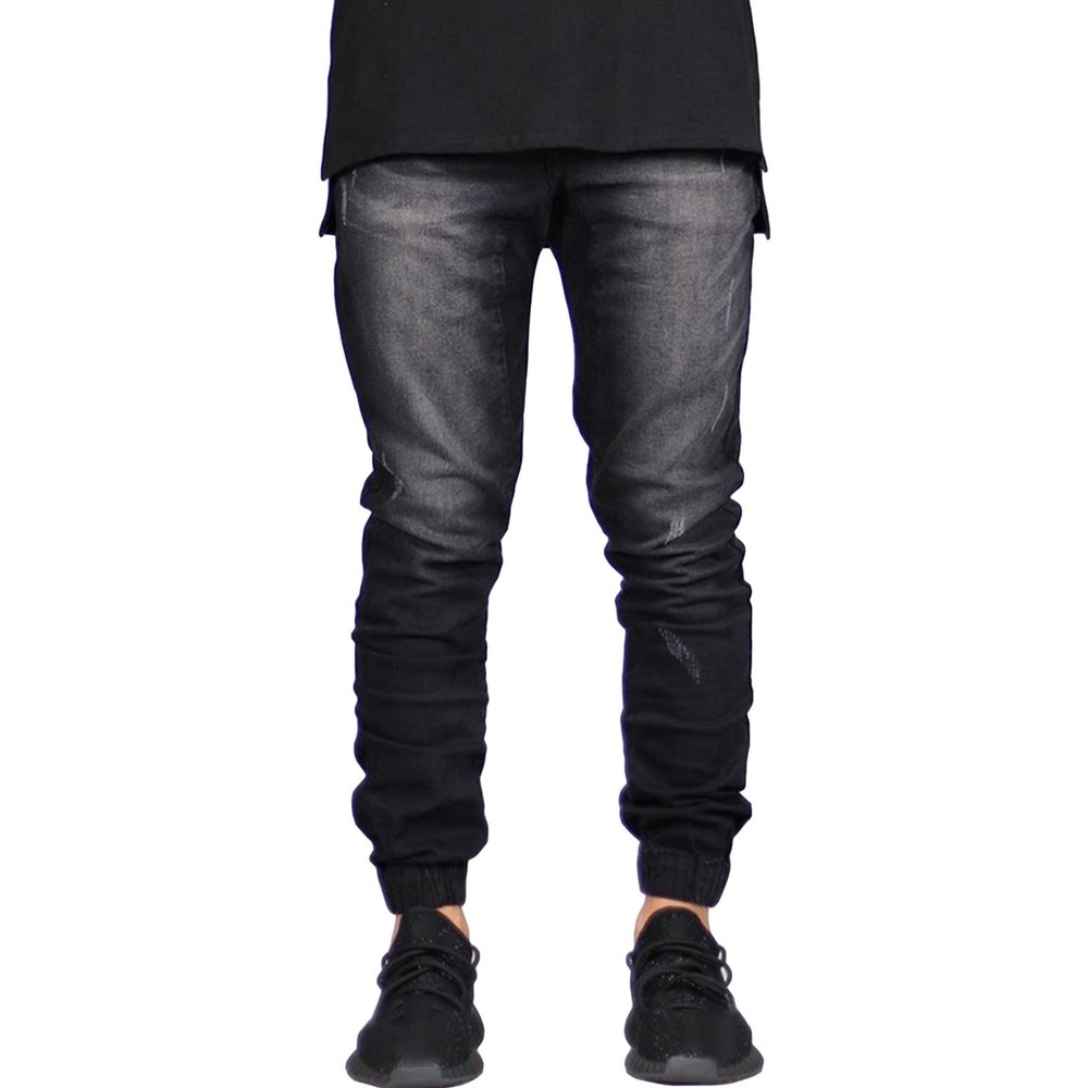 JEsilunmaMY Casual Pencil Jeans for Men Mid Waist Skinny Jogger Denim Pants Slim Fit Distressed Washed Straight Leg Trousers (Black,29)