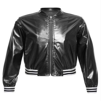 JEATHA Kids Boys Girls Shiny Metallic Bomber Jacket Motorcycle Baseball Windbreaker Long Sleeve Zip Up Coat Black 10 Years