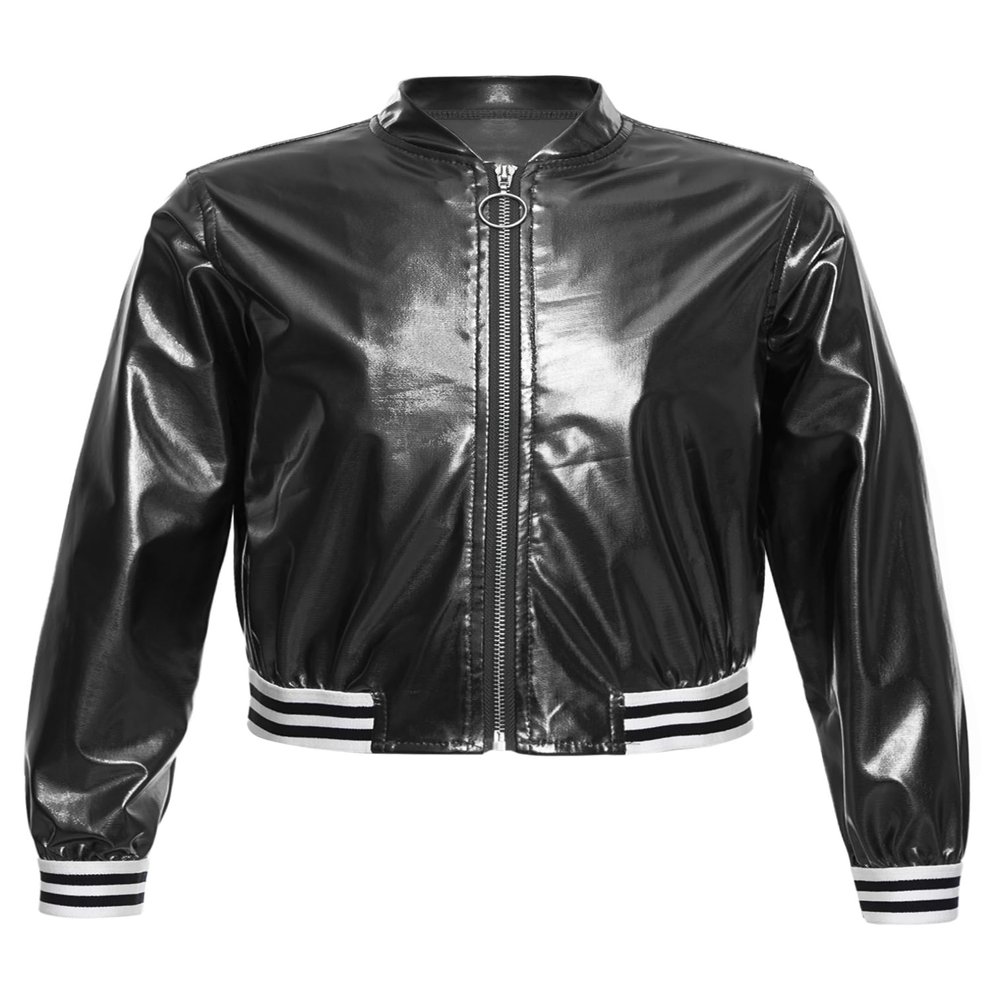 JEATHA Kids Boys Girls Shiny Metallic Bomber Jacket Motorcycle Baseball Windbreaker Long Sleeve Zip Up Coat Black 10 Years