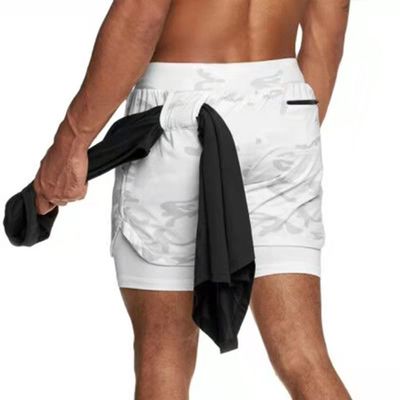 Dressnu Men's Double-Layer Breathable Jogging Shorts Sports Casual Outdoor Solid Color Fitness Pants White Camouflage 2XL