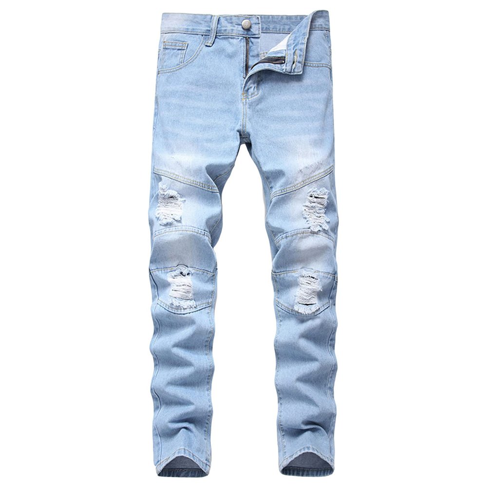 JEsilunmaMY Men's Washed Straight Leg Jeans Mid Waist Distressed Stretch Skinny Denim Pants Destroyed Ripped Biker Trousers (Light Blue,34)