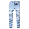 JEsilunmaMY Men's Washed Straight Leg Jeans Mid Waist Distressed Stretch Skinny Denim Pants Destroyed Ripped Biker Trousers (Light Blue,34) view 1
