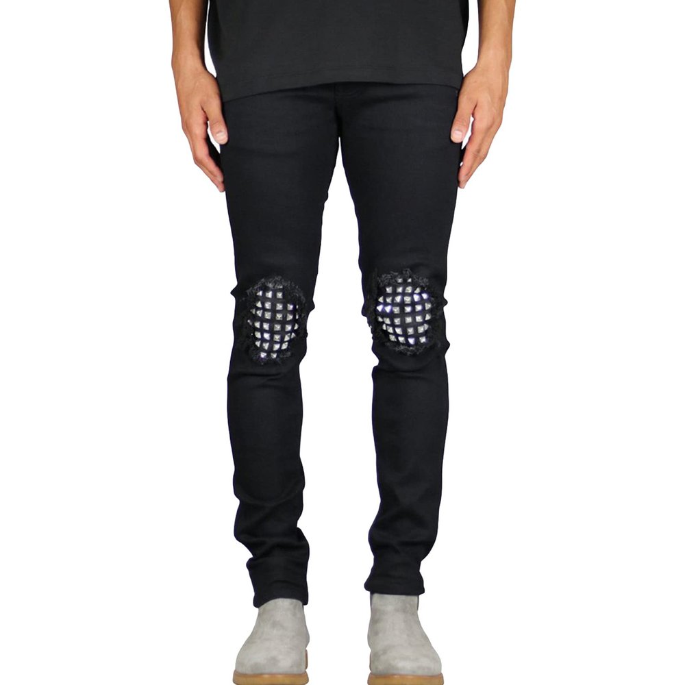 JEsilunmaMY Men's Rivet Ripped Jean Pants Mid Waist Distressed Washed Denim Trousers Casual Hip Hop Boyfriend Pencil Jeans (Black,36)