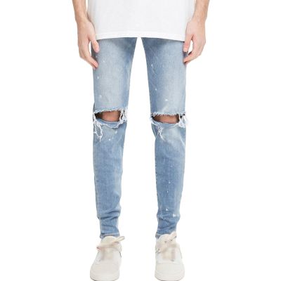 JEsilunmaMY Casual Denim Pants for Men Knee Hole Slim Fit Stretch Ripped Skinny Jeans Washed Distressed Destroyed Trousers (Light Blue,33)