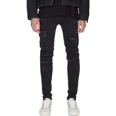 JEsilunmaMY Mens Ripped Denim Pants Mid Waist Slim Fit Stretch Skinny Pencil Jeans Distressed Destroyed Casual Jean Trousers (Black,31)