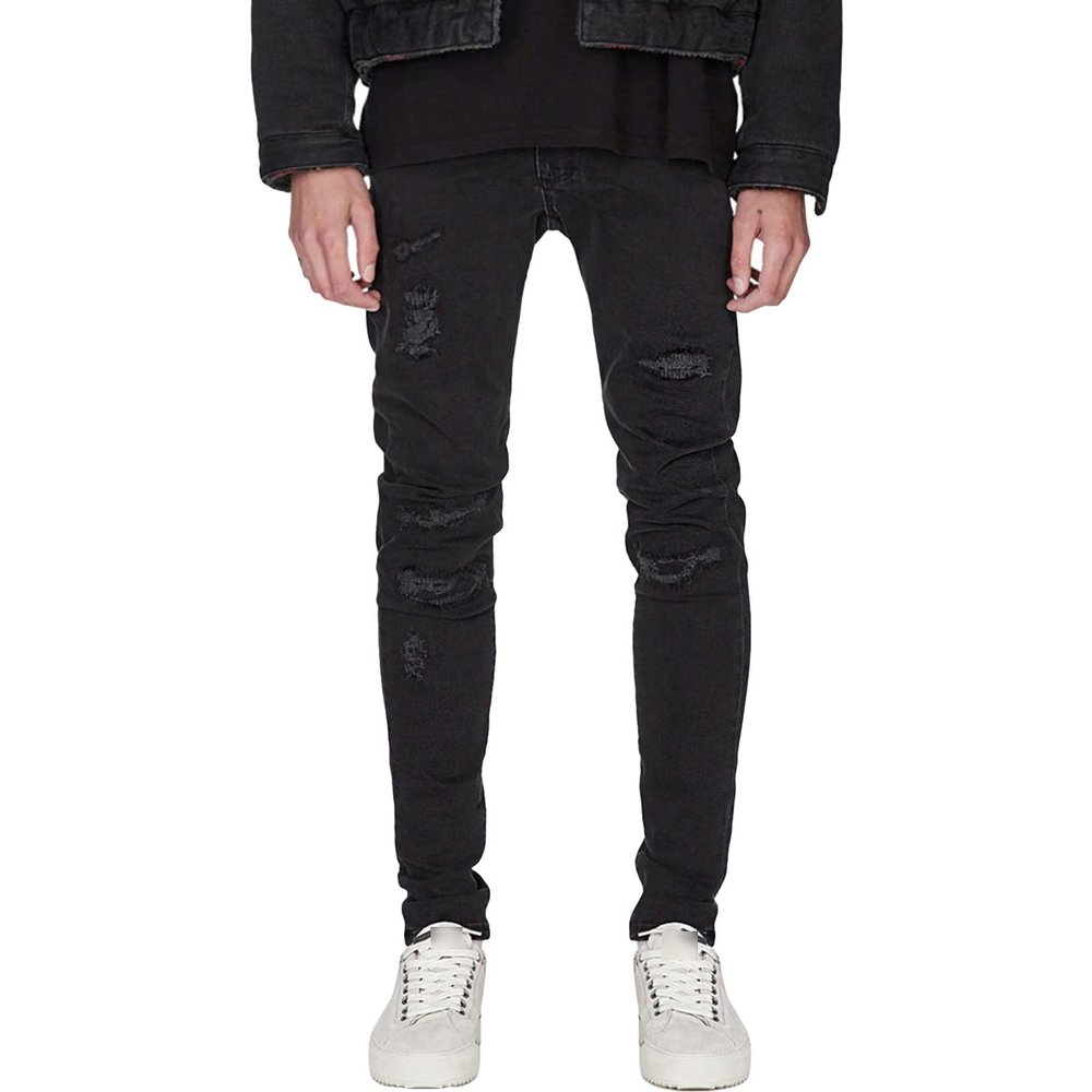 JEsilunmaMY Mens Ripped Denim Pants Mid Waist Slim Fit Stretch Skinny Pencil Jeans Distressed Destroyed Casual Jean Trousers (Black,31)