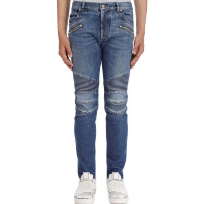 JEsilunmaMY Men's Stretch Biker Jeans Casual Mid Waist Pleated Skinny Pencil Jean Trousers Washed Distressed Denim Pants (Dark Blue,31)