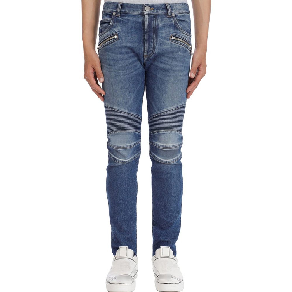 JEsilunmaMY Men's Stretch Biker Jeans Casual Mid Waist Pleated Skinny Pencil Jean Trousers Washed Distressed Denim Pants (Dark Blue,31)