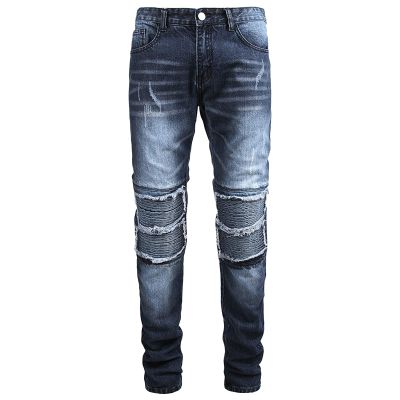 JEsilunmaMY Men's Fashion Biker Jeans Mid Waist Pleated Frayed Ripped Denim Pants Slim Fit Stretch Skinny Straight Leg Jeans (Blue,31)