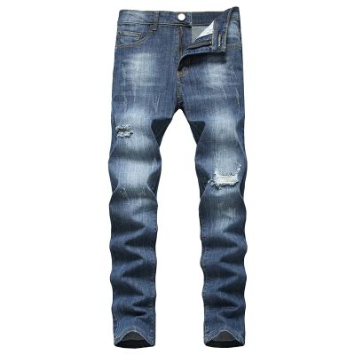 JEsilunmaMY Men's Stretch Straight Leg Jeans Mid Waist Distressed Ripped Skinny Jean Trousers Slim Fit Washed Denim Pants (Dark Blue,31)