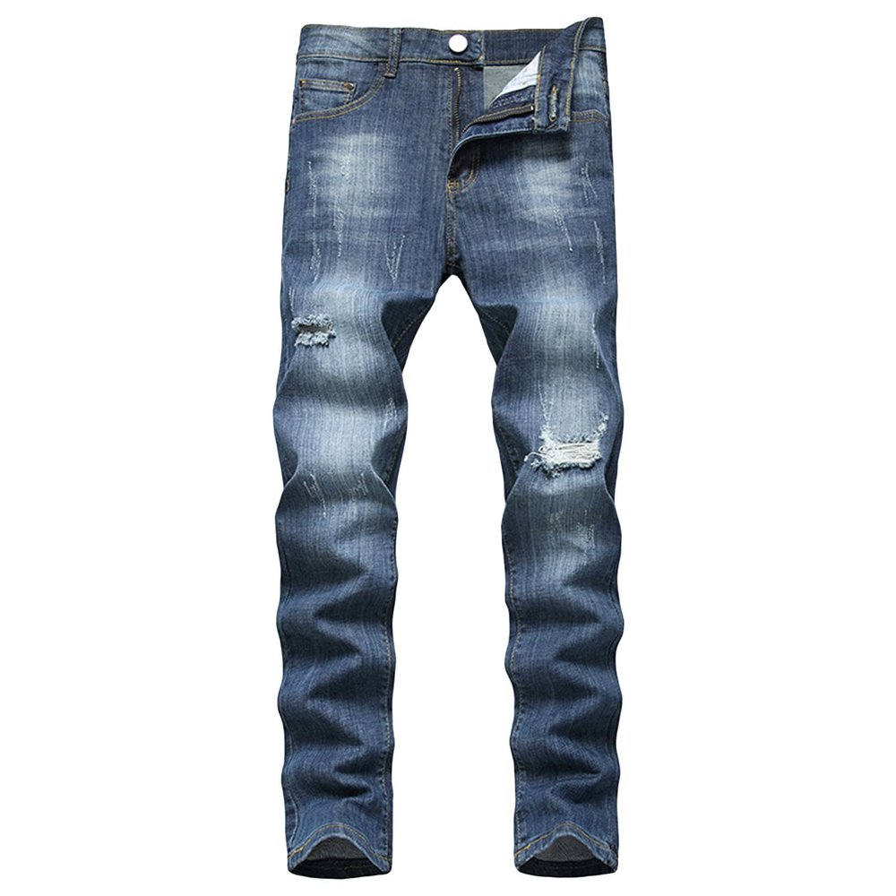 JEsilunmaMY Men's Stretch Straight Leg Jeans Mid Waist Distressed Ripped Skinny Jean Trousers Slim Fit Washed Denim Pants (Dark Blue,31)