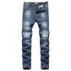 JEsilunmaMY Men's Stretch Straight Leg Jeans Mid Waist Distressed Ripped Skinny Jean Trousers Slim Fit Washed Denim Pants (Dark Blue,31) view 1