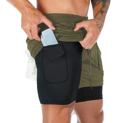 Dressnu Men's Double-Layer Breathable Jogging Shorts Sports Casual Outdoor Solid Color Fitness Pants Army Green 2XL