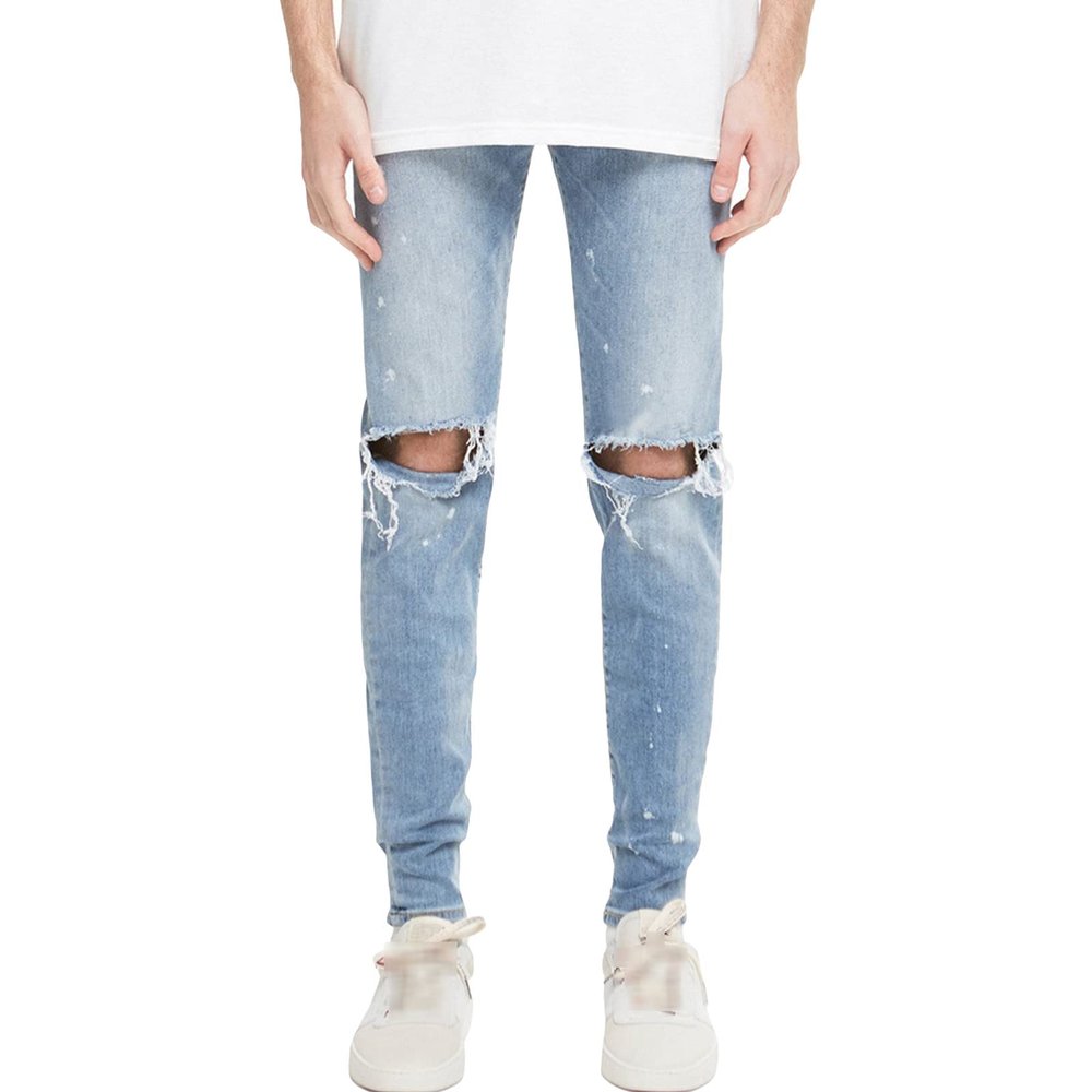 JEsilunmaMY Casual Denim Pants for Men Knee Hole Slim Fit Stretch Ripped Skinny Jeans Washed Distressed Destroyed Trousers (Light Blue,36)