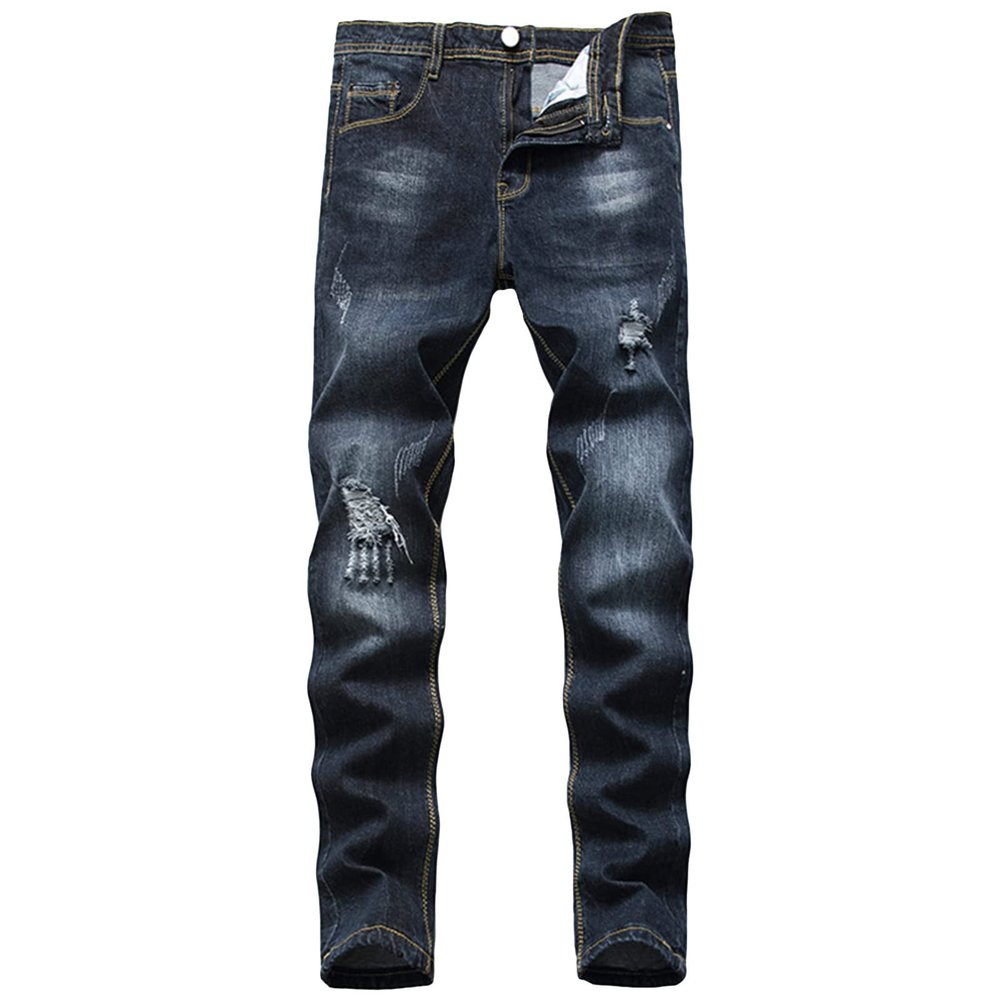 JEsilunmaMY Men's Slim Straight Leg Jeans Mid Waist Destroyed Ripped Skinny Jean Trousers Washed Distressed Fall Denim Pants (Black,38)