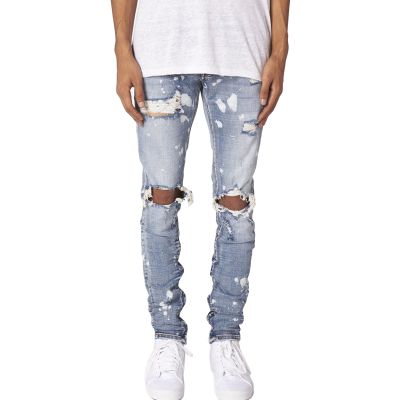 JEsilunmaMY Men's Knee Hole Skinny Jeans Mid Waist Slim Fit Stretch Ripped Denim Pants Distressed Destroyed Pencil Trousers (Light Blue1,34)