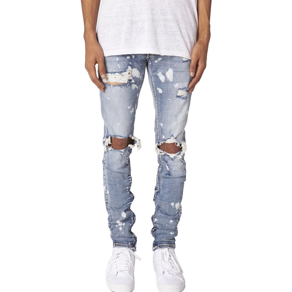 JEsilunmaMY Men's Knee Hole Skinny Jeans Mid Waist Slim Fit Stretch Ripped Denim Pants Distressed Destroyed Pencil Trousers (Light Blue1,34)