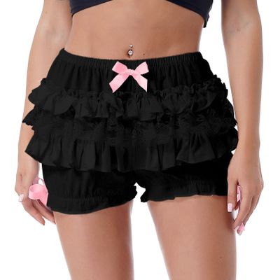 Aislor Women's Lolita Bloomers Ruffle Pumpkin Pants Lace Trim Layered Shorts Pettipants Black Large