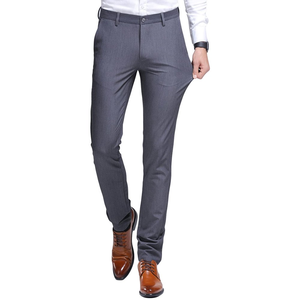 Men's Stylish Slim Stretch Pant Solid Classic Skinny Fit Comfort Suit Pant Lightweight Comfort Business Trousers (Grey,29)