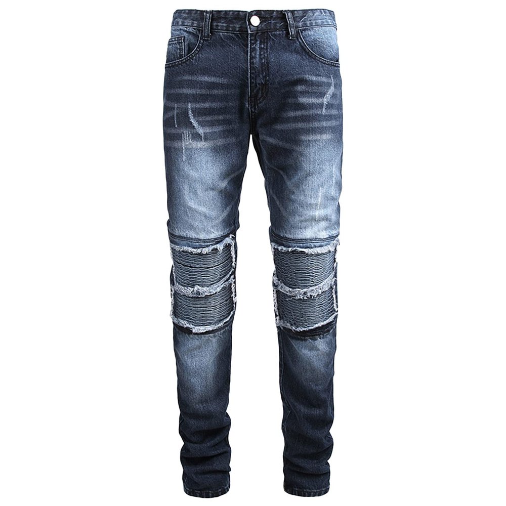 JEsilunmaMY Men's Fashion Biker Jeans Mid Waist Pleated Frayed Ripped Denim Pants Slim Fit Stretch Skinny Straight Leg Jeans (Blue,32)