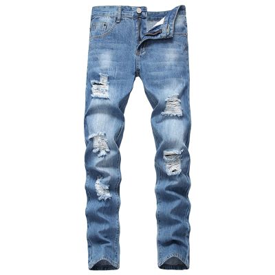 JEsilunmaMY Men's Stretch Straight Leg Jeans Mid Waist Distressed Loose Denim Pants Slim Fit Ripped Skinny Jean Trousers (Blue,28)