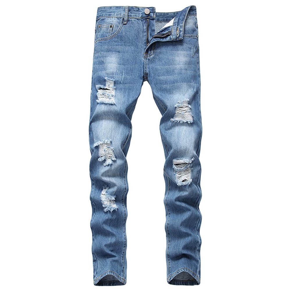 JEsilunmaMY Men's Stretch Straight Leg Jeans Mid Waist Distressed Loose Denim Pants Slim Fit Ripped Skinny Jean Trousers (Blue,28)