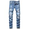 JEsilunmaMY Men's Stretch Straight Leg Jeans Mid Waist Distressed Loose Denim Pants Slim Fit Ripped Skinny Jean Trousers (Blue,28) view 1