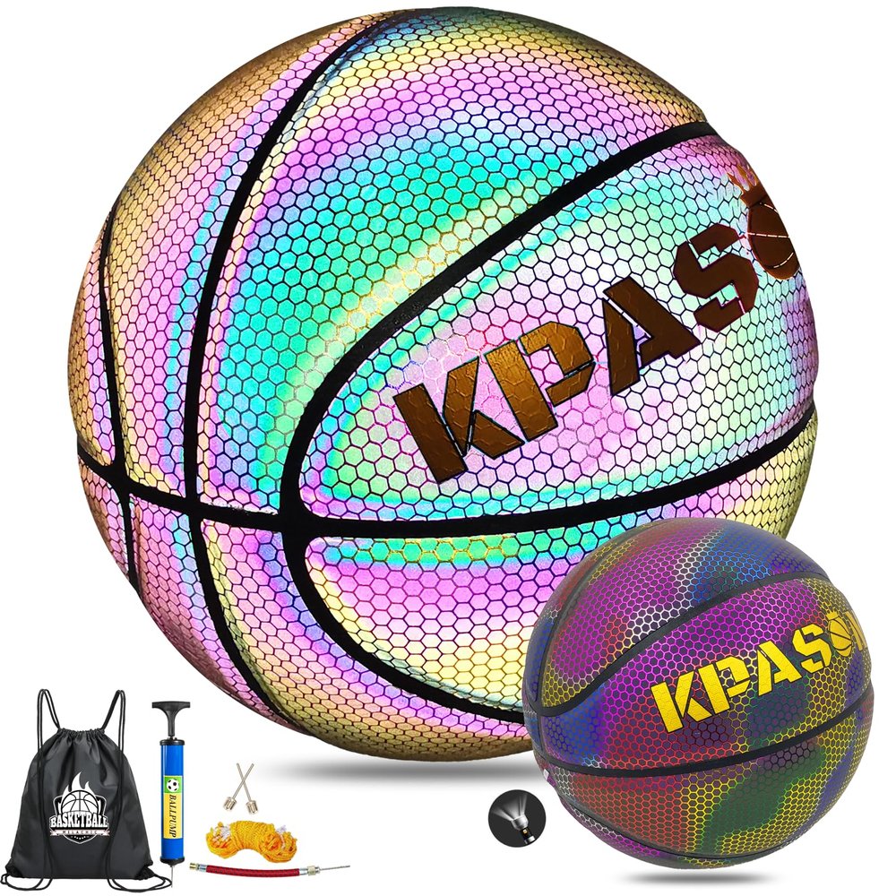 KPASON Basketballs, Holographic Reflective Glowing Basketball Size 6 (28.5") for Women, Youth, Boys, Girls, Hologram Glowing Leather Basketball Indoor Outdoor Use