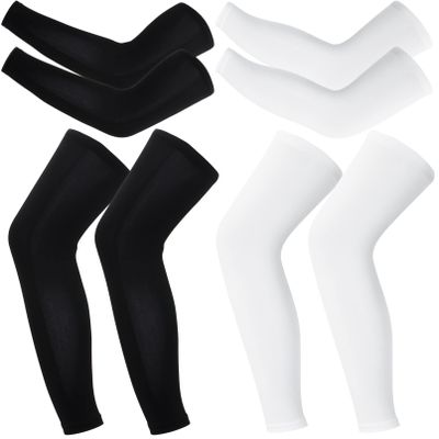 Azegech 2 Pairs Compression Leg Sleeves Full Leg Compression Sleeve UV Protection Arm Sleeves Sports Cycling Leg Sleeves with Anti-slip Silicone Strips for Men Women Running Basketball (White&Black)