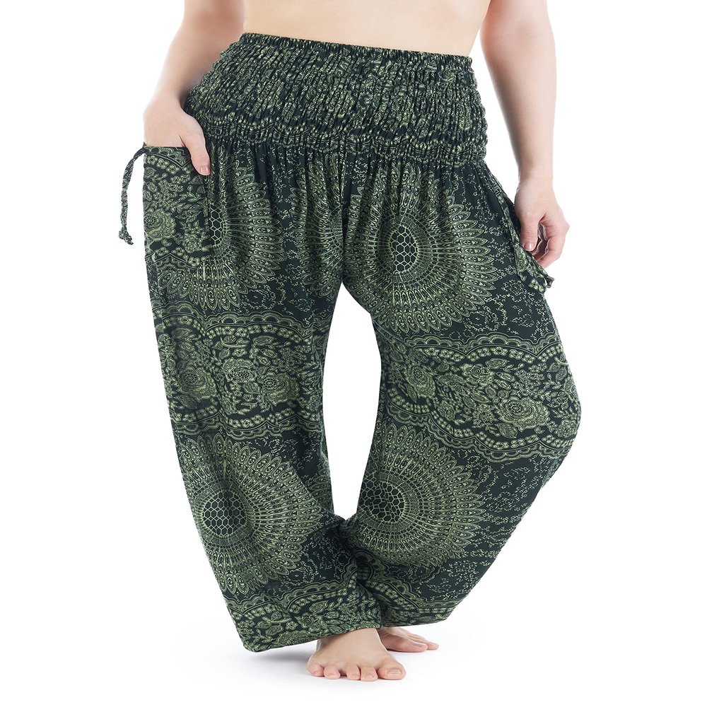 Lannaclothesdesign Harem Pants Women High Waist Bohemian Yoga Pants with Pockets - Boho Hippie Clothes (XXL, Green Double Rose)