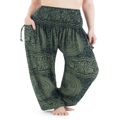 Lannaclothesdesign Harem Pants Women High Waist Bohemian Yoga Pants with Pockets - Boho Hippie Clothes (S, Green Double Rose)