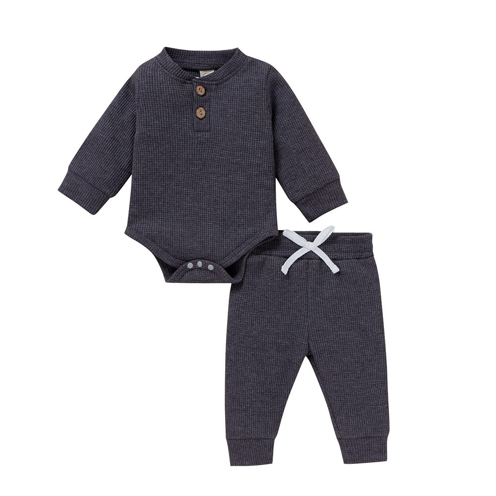 Baby Boys Girls Outfits Long Sleeve Round Neck Ribbed Romper Shirt+Pants Outfits Set (Grey, 6-12 Months)