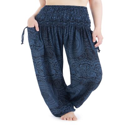 Lannaclothesdesign Harem Pants Women High Waist Bohemian Yoga Pants with Pockets - Boho Hippie Clothes (XXL, Black Double Rose)