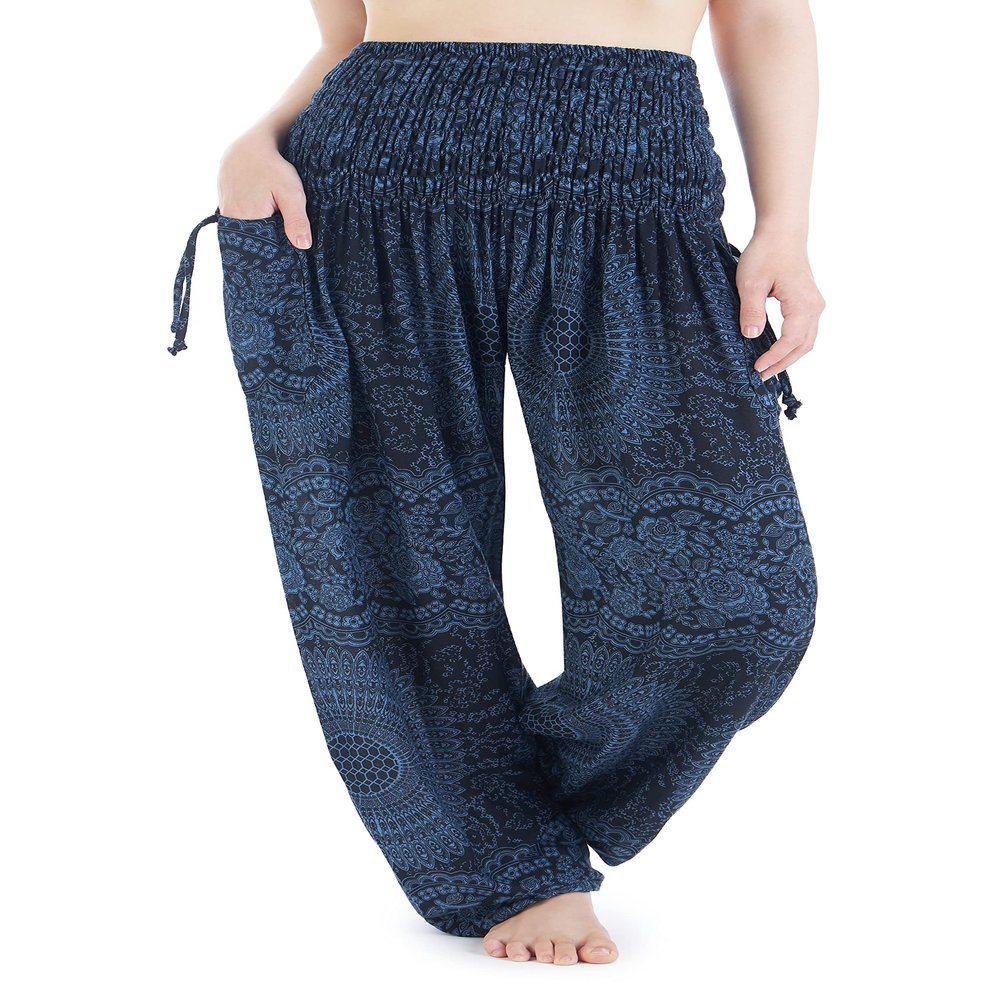 Lannaclothesdesign Harem Pants Women High Waist Bohemian Yoga Pants with Pockets - Boho Hippie Clothes (XXL, Black Double Rose)