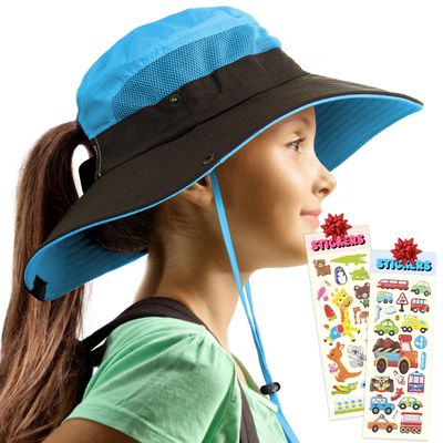 GearTOP Kids Sun Hat, Wide Brim Hat for Boys and Girls, UPF 50+, Ponytail Hole, Blue, Ages 5-13