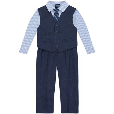 Izod Boys 4-Piece Set with Collared Dress Shirt, Tie, Vest, and Pants Business Suit, Tanzanite, 7 US